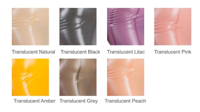Puede incluir: Cartas de muestra que muestran diferentes colores transl&uacute;cidos de tela de l&aacute;tex. Los colores son natural, negro, lila, rosa, &aacute;mbar, gris y melocot&oacute;n.