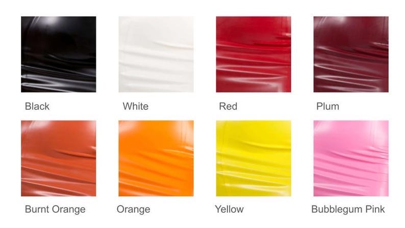 Puede incluir: Una carta de colores que muestra diferentes tonos de cuero. Los colores incluyen negro, blanco, rojo, ciruela, naranja quemado, naranja, amarillo y rosa chicle.