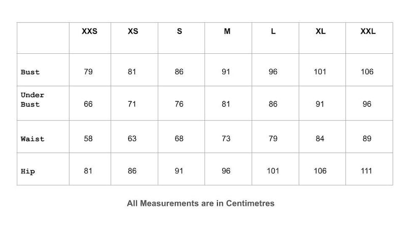Puede incluir: Tabla de tallas que muestra las medidas de busto, debajo del busto, cintura y cadera en cent&iacute;metros para las tallas XXS a XXL.