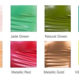 May include: A grid of eight colour swatches featuring smooth, reflective material. Colours include Baby Pink, Jade Green, Natural Green, Turquoise, Porcelain, Metallic Red, Metallic Gold, and Vibrant Lime Green, each labelled with its respective name.