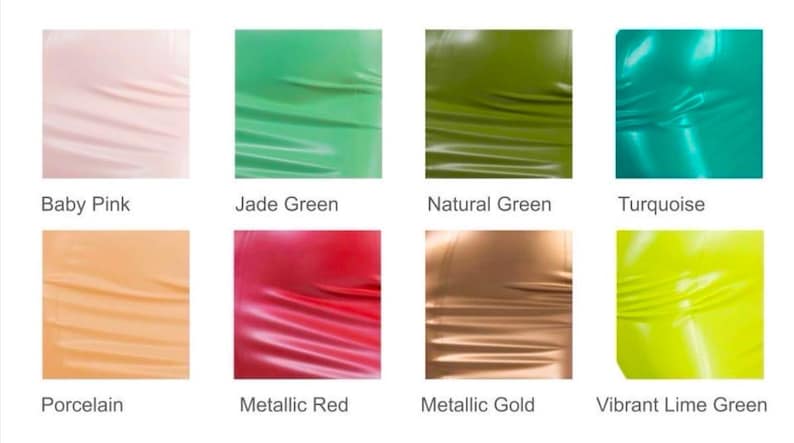 May include: A grid of eight colour swatches featuring smooth, reflective material. Colours include Baby Pink, Jade Green, Natural Green, Turquoise, Porcelain, Metallic Red, Metallic Gold, and Vibrant Lime Green, each labelled with its respective name.