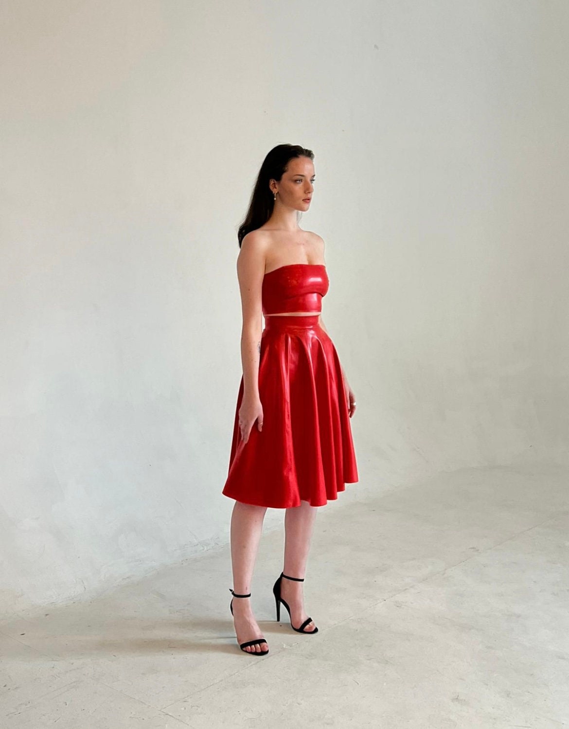 knee length dresses for ladies Diva' Latex midi off-shoulder dress with lace around waist – Charmskool Shop main image 0