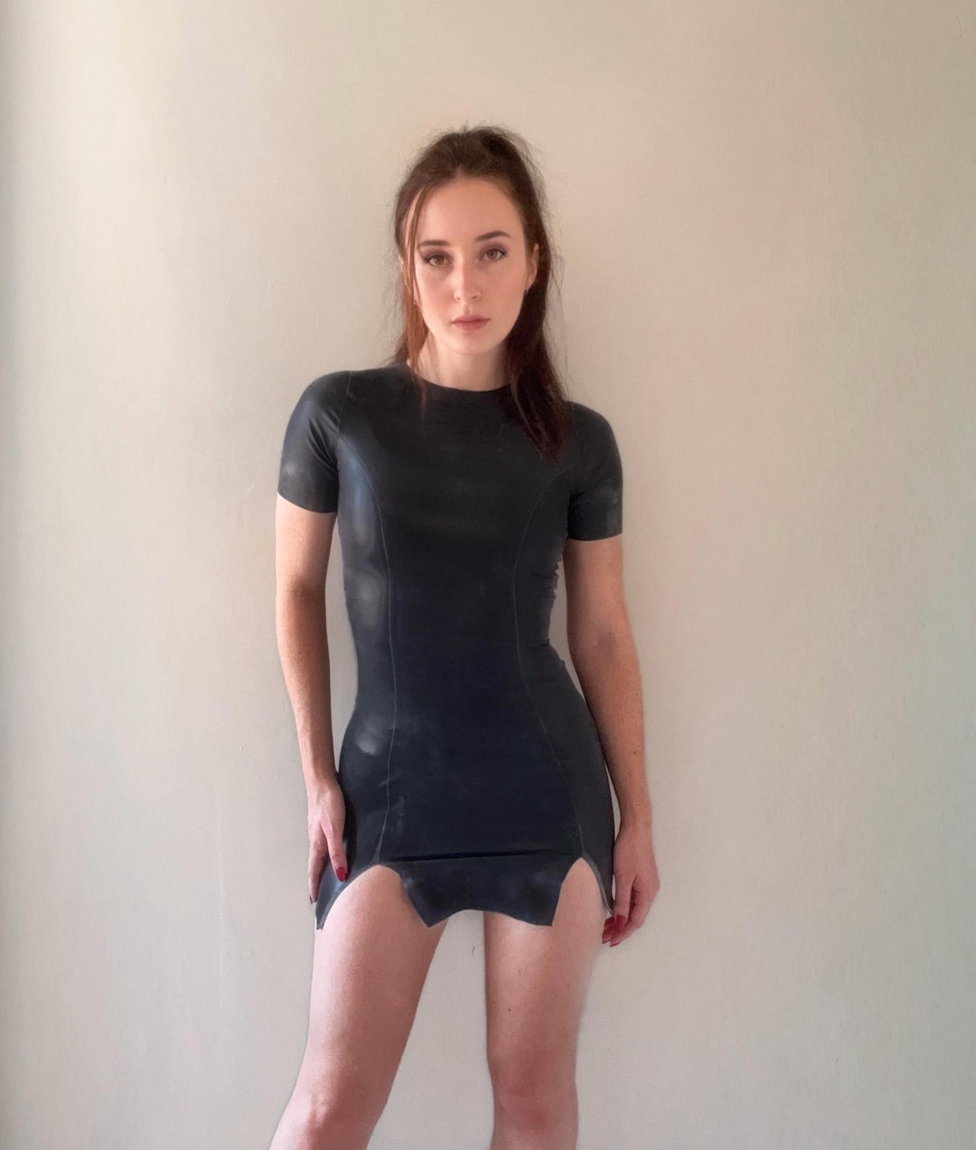 Latex Body-con Mini Dress: Leg Slits, Short Sleeves, Custom Made - Etsy