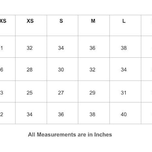 May include: Size chart showing bust, under bust, waist, and hip measurements in inches for sizes XXS to XXL.