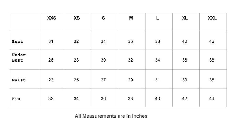 May include: Size chart showing bust, under bust, waist, and hip measurements in inches for sizes XXS to XXL.