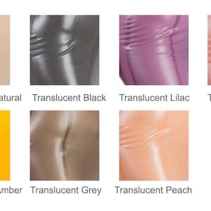 May include: A grid of seven colour swatches showing translucent material in natural, black, lilac, pink, amber, grey, and peach. Each square displays a smooth, glossy, and slightly wrinkled surface texture with the corresponding colour name printed below.