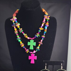 Rainbow Double Strand Cross Necklace and Earring Set