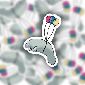 Personalisierbar Manatee Mit Luftballons Aufkleber | Luftballon Tier Sticker | Save the Manatees Aufkleber | Seekuh Aufkleber | Regenbogen Aufkleber
