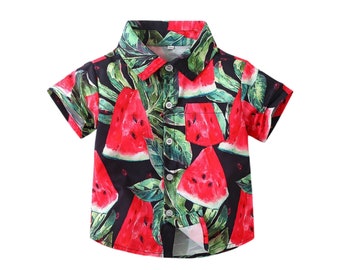 Boy’s watermelon print black polo collared shirt | boys summer clothes | baby boy collared shirt | toddler boy collared shirt