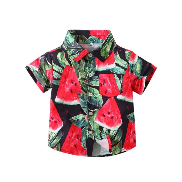 Boy’s watermelon print black polo collared shirt | boys summer clothes | baby boy collared shirt | toddler boy collared shirt