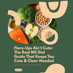 May include: An image promoting a diet guide, with the text "Flare-Ups Ain't Cute: The Real MS Diet Guide That Keeps You Cute & Clear-Headed." It shows a plate with salmon, broccoli, blueberries, and other healthy foods.