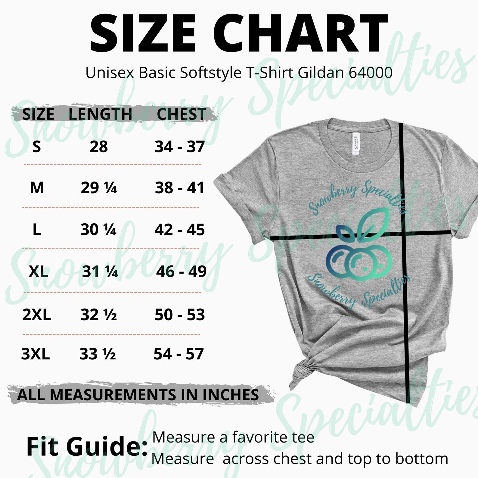 Size Chart Gildan 64000 Shirt Tshirt Measurements 6400 Size Etsy Canada
