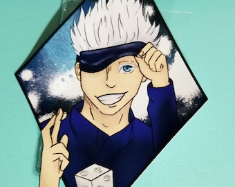 May include: A white-haired anime character with a blue eye and a black eye patch is wearing a blue shirt and a white blindfold. The character is holding a white cube with multiple eyes on each side. The background is a dark blue with white clouds.