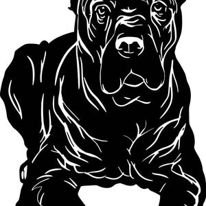 May include: Black and white silhouette of a dog lying down. The dog has a short, wrinkled coat and large, floppy ears.