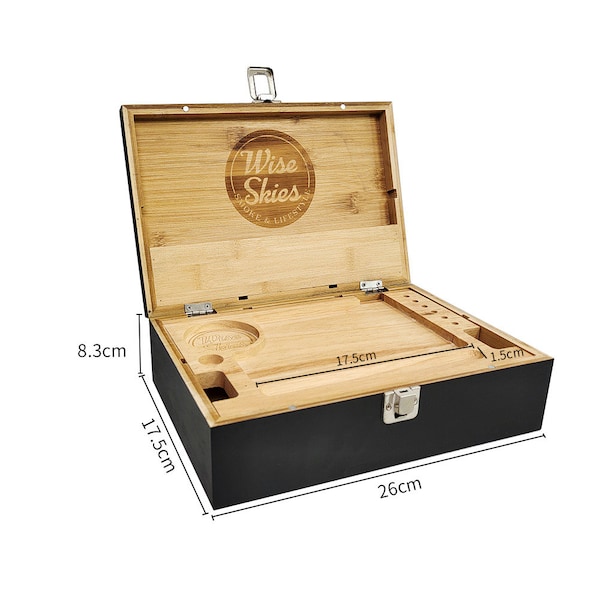 Wise Skies Black Extra Large Wooden Bamboo Rolling Box with removable Tray