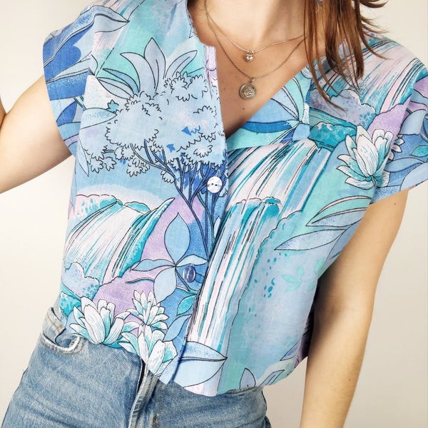 Chemise Upcyclée Cropée Fait Main "Cascade" Upcycling Créatrice France Artisanat