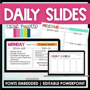 Puede incluir: Un conjunto de diapositivas de PowerPoint editables para uso diario en el aula. Las diapositivas presentan un diseño colorido con una agenda semanal, una agenda diaria y secciones de timbre. Las diapositivas están diseñadas para ayudar a los profesores a organizar sus lecciones y mantener a los alumnos en el camino correcto.
