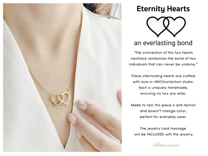 May include: Gold necklace with two interlocking heart charms. The necklace is on a model's neck. The text "Eternity Hearts" and "an everlasting bond" is on the image. The text "The connection of this two hearts necklace symbolizes the bond of two individuals that can never be undone." is also on the image.