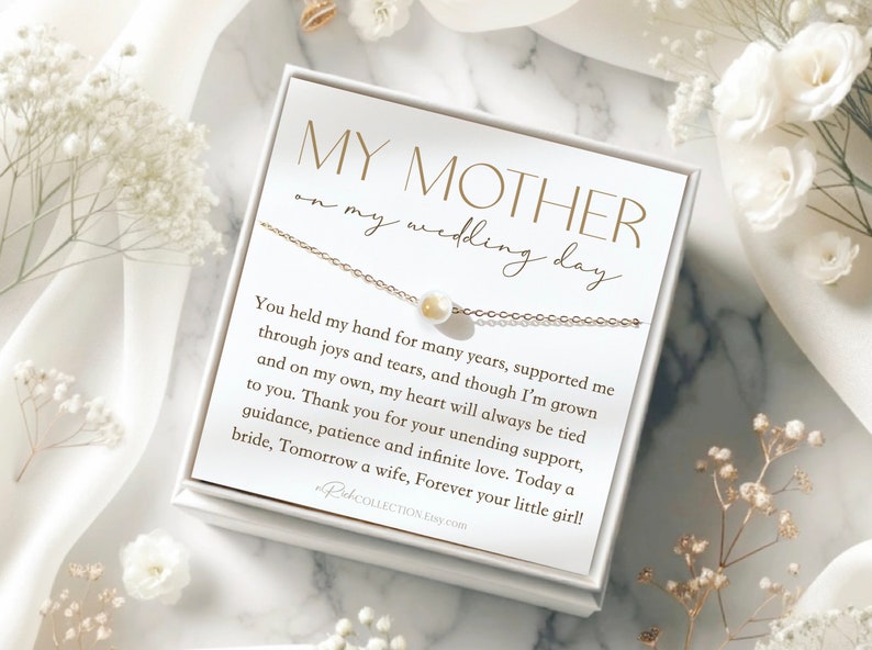 To My Mother on My Wedding Day Bride Mom Gift for Mother of The Bride Gift from Bride Gift form Daughter Diamond Necklace Wedding Jewelry No Initial-OnlyPearl