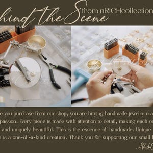 K&ouml;nnte beinhalten: Nahaufnahme von H&auml;nden, die an Schmuck arbeiten. Das Bild zeigt Werkzeuge, Perlen und eine Lupe. Der Text "Behind the Scene from nRICHcollection Studio" befindet sich oben im Bild.