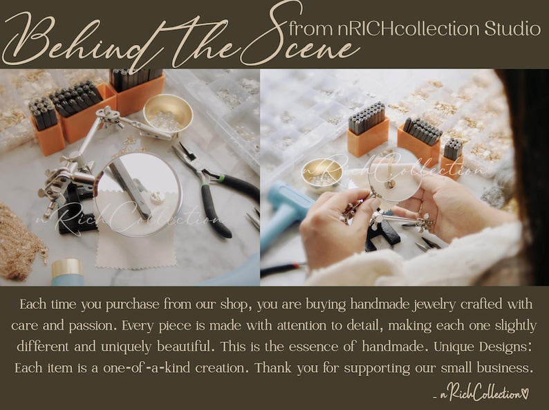 K&ouml;nnte beinhalten: Nahaufnahme von H&auml;nden, die an Schmuck arbeiten. Das Bild zeigt Werkzeuge, Perlen und eine Lupe. Der Text "Behind the Scene from nRICHcollection Studio" befindet sich oben im Bild.