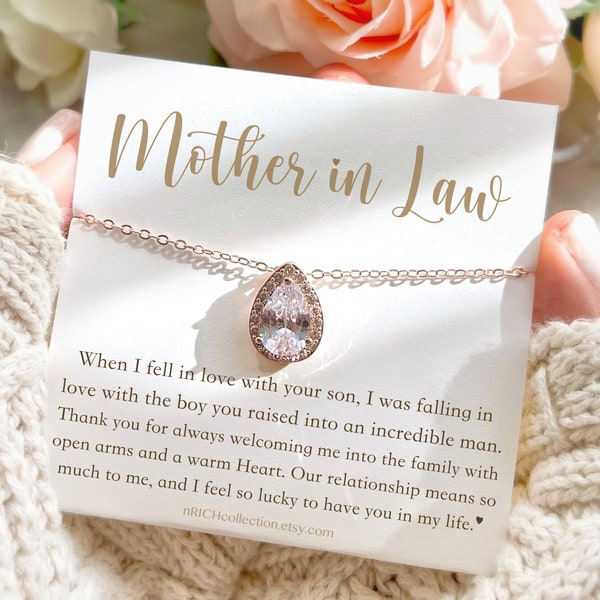 Mother in Law Gift Mother of the Groom Teardrop Diamond Necklace Bonus Mom Jewelry Gift Mother of The Bride Gift on Wedding Day Mother's Day