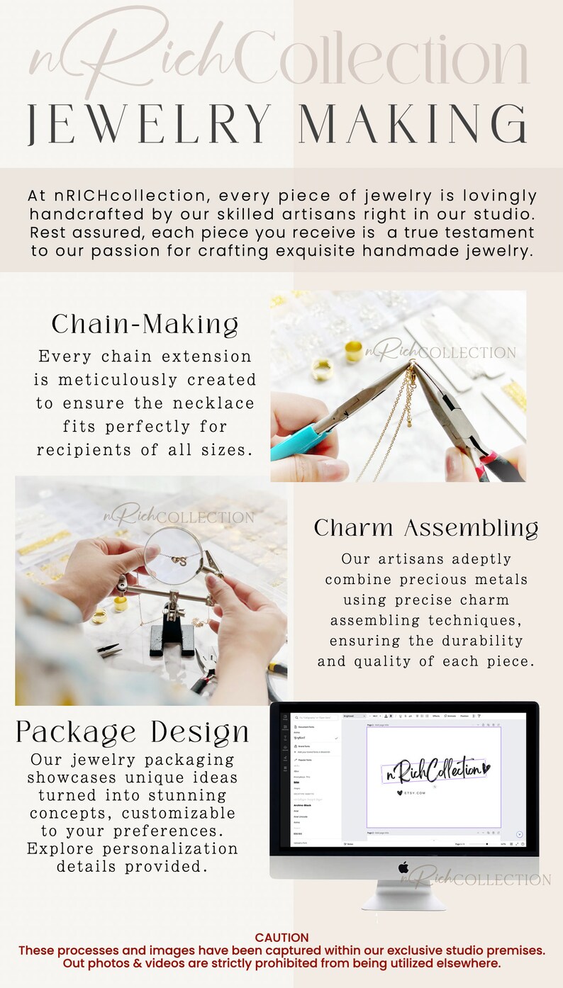 May include: A close-up of a jewelry making process, showing a person assembling a gold chain necklace. The image also shows a computer screen with a logo for "nRichCollection" and the text "Package Design".