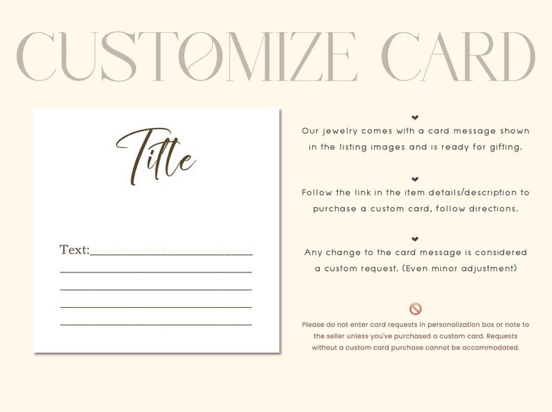 May include: A white card with the word "Title" in a brown script font. Below are lines for text input. The image also includes instructions about customizing a card with a jewelry purchase.
