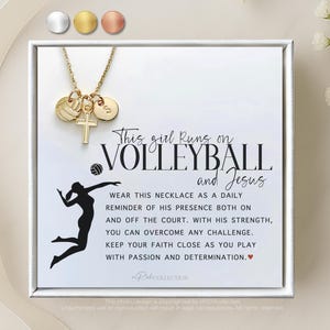 May include: Gold necklace with a volleyball charm, a cross charm, and a small round charm. The necklace comes with a card that reads "This girl runs on volleyball and Jesus. Wear this necklace as a daily reminder of his presence both on and off the court. With his strength, you can overcome any challenge. Keep your faith close as you play with passion and determination."