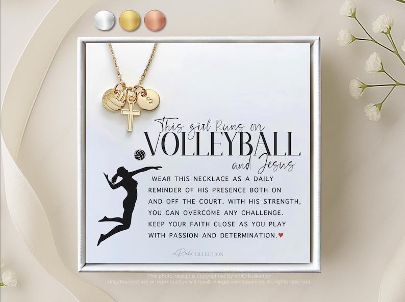 May include: Gold necklace with a volleyball charm, a cross charm, and a small round charm. The necklace comes with a card that reads "This girl runs on volleyball and Jesus. Wear this necklace as a daily reminder of his presence both on and off the court. With his strength, you can overcome any challenge. Keep your faith close as you play with passion and determination."
