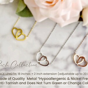 May include: Three necklaces with interlocking heart pendants. The necklaces are gold, silver, and rose gold. The text "n Rich Collection" is at the bottom. The necklace length is 18 inches with a 2-inch extension.