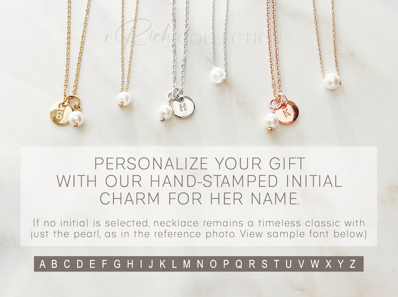 May include: Four delicate necklaces featuring a pearl and a small disc charm. The charms are hand-stamped with the letters 'S', 'H', 'K', and 'K'. The necklaces are available in gold, silver, and rose gold.