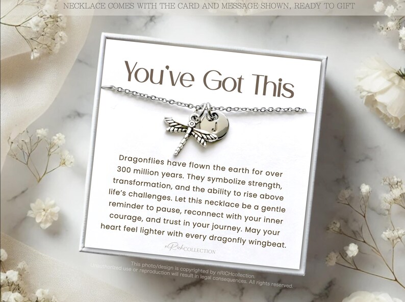 May include: A white card with the text "You've Got This" and a silver dragonfly necklace with a charm. The card includes a message about dragonflies symbolizing strength and transformation.