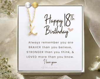 May include: A white card with a gold necklace featuring a cursive letter K charm. The card has the text "Happy 18th Birthday" and a message that reads "Always remember you are BRAVER than you believe, STRONGER than you think, & LOVED more than you know. I love you."
