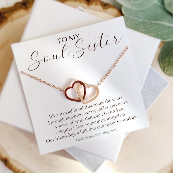 Soul Sisters Necklace BFF Necklace Best Friend Gift Friendship Gift Long Distance Friends Forever Two Heart Interlocking Circle Chocker