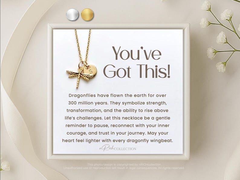 May include: A gold necklace with a dragonfly charm and a heart pendant. The necklace comes with a card that reads "You've Got This!" and includes a quote about dragonflies symbolizing strength and transformation.