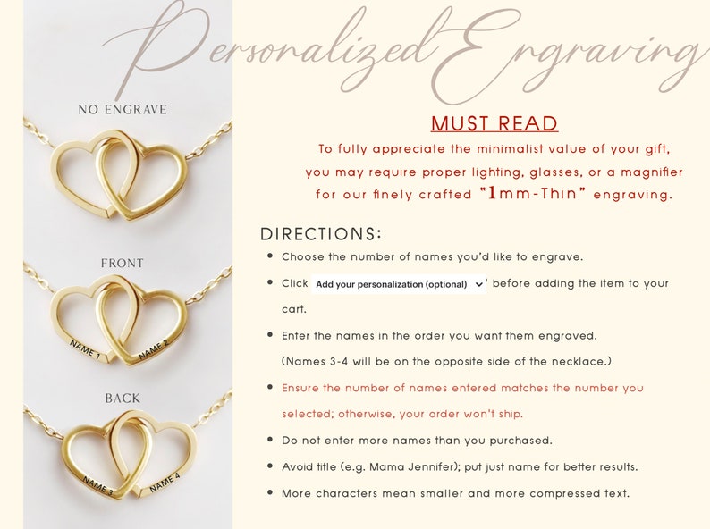 CUSTOM CARD Interlocked Hearts Necklace : Gold / Silver / Rose Gold Personalized Engraved Name image 2