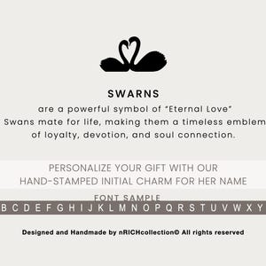 May include: A graphic with the word "SWARNS" and a pair of black swan silhouettes. Text describes swans as a symbol of eternal love and loyalty. Includes a font sample and information about personalized initial charms.
