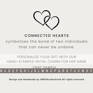 Op de afbeelding: Afbeelding met twee in elkaar grijpende harten en de tekst "CONNECTED HEARTS". De tekst eronder beschrijft de band tussen twee individuen. Extra tekst promoot gepersonaliseerde initialen charms.