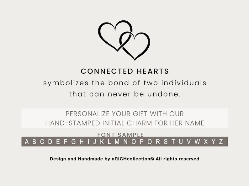 Op de afbeelding: Afbeelding met twee in elkaar grijpende harten en de tekst "CONNECTED HEARTS". De tekst eronder beschrijft de band tussen twee individuen. Extra tekst promoot gepersonaliseerde initialen charms.