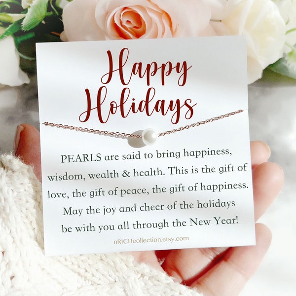 Happy Holidays Greeting Card with Pearl Necklace Meaningful Jewelry with Card Merry Christmas Gift for Her Women Female Family and Friends