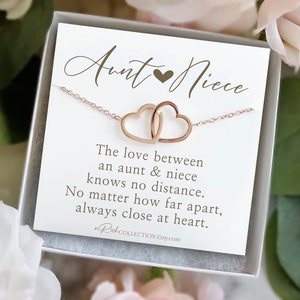 May include: A rose gold necklace with two interlocking heart pendants, presented on a white card inside a gift box. The card reads "Aunt & Niece" and a sentimental message about the bond between them. The background features soft floral accents.