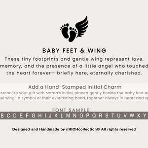 May include: Black and white illustration of a baby's footprints and a wing, representing love, memory, and the presence of an angel. The text reads "BABY FEET & WING" and "Add a Hand-Stamped Initial Charm". The font sample includes the alphabet in uppercase.