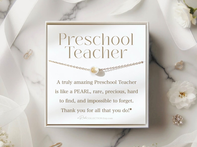 Preschool Teacher Gift for Pre School Teacher Appreciation Gift Christmas Gift Thank You Teacher Gift Pearl Necklace Minimalist Jewelry Gift No Initial-OnlyPearl