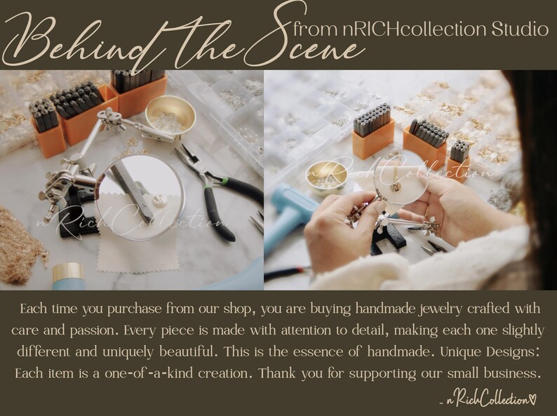 May include: Image showing jewelry-making tools and materials, including pliers, stamps, and magnifying glasses. The text "Behind The Scene" and "from nRichCollection Studio" are visible. The image conveys the handmade jewelry creation process.