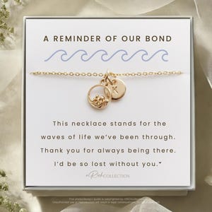 May include: A gold-colored necklace with two pendants, one featuring a wave design and the other a letter "K". The necklace is presented on a white card with the text "A REMINDER OF OUR BOND". The card also includes the text "This necklace stands for the waves of life we've been through."