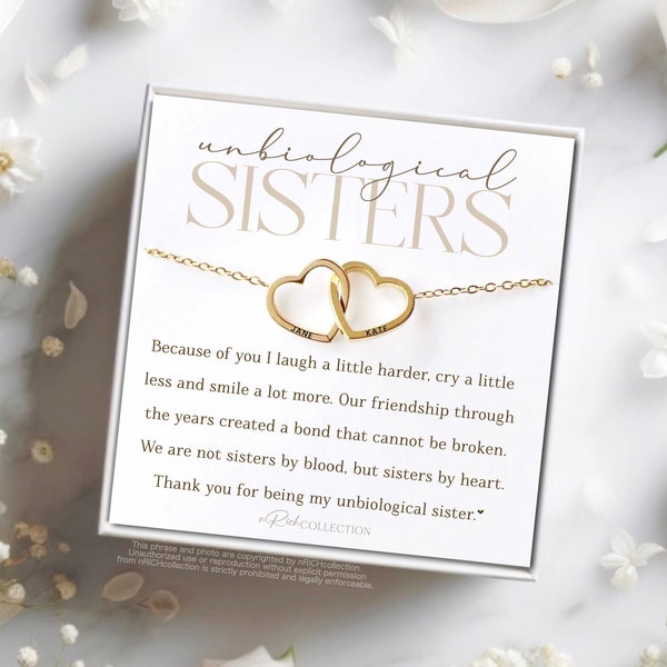 Unbiological Sisters Necklace Meaninnful gift for best friend unbreakable bond BFFs forever Custom Friendship Jewelry Two hearts interlock