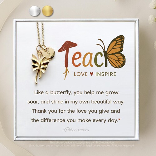 Teach Love Inspire Teacher Initial Butterfly Necklace Gift for Teacher Assistant Teacher Appreciation Week Gift Bulk Meaningful cute Gift