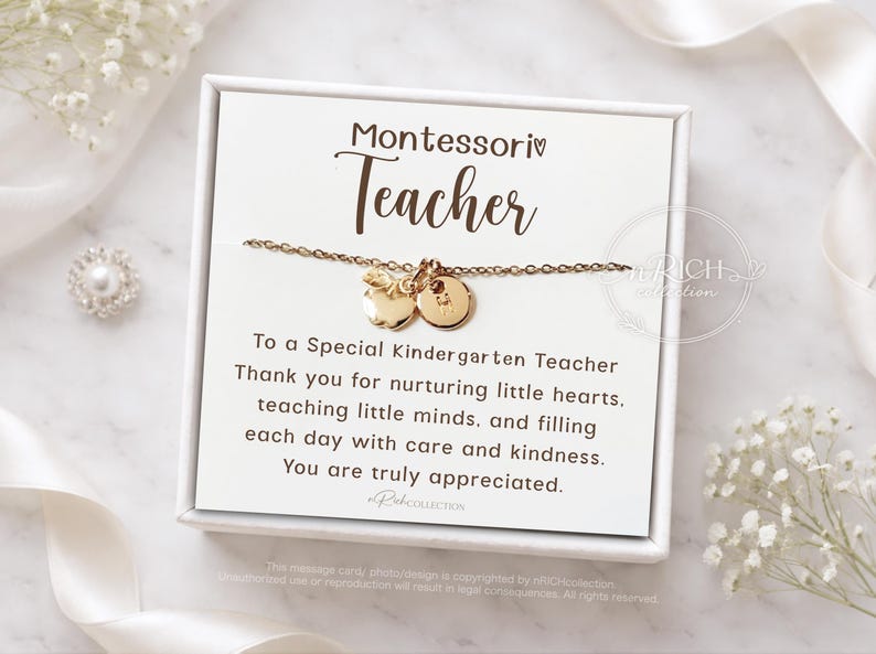 Apple Charm With Teacher Initial Necklace Gift for Teacher ...