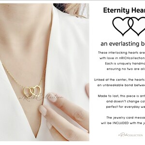 May include: Gold necklace with two interlocking hearts, symbolizing an unbreakable bond. The necklace is anti-tarnish and perfect for everyday wear. "Eternity Hearts, an everlasting bond" is written on the image.